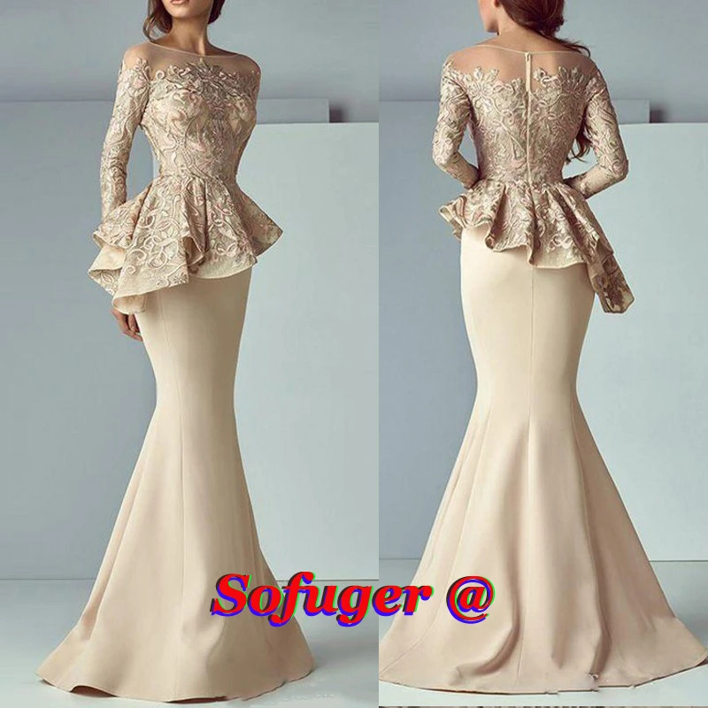 Champagne Satin Evening Dresses Rushed Mermaid Prom Pleat Africal Saudi Arabic Special Dubai Evening Robe De Soiree Custom Made long sleeve evening gowns