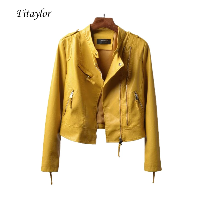 Fitaylor Новая Осенняя Женская куртка из мягкой искусственной кожи, тонкая короткая байкерская куртка, женская кожаная куртка, мотоциклетная верхняя одежда в стиле панк