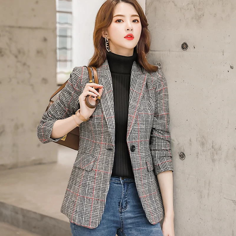 Kopen Lenshin Vintage Engeland Stijl Hoogwaardige Plaid Jas Met Zakken Voor Vrouwen Enkele Knop Jas Mode Uitloper Blazer