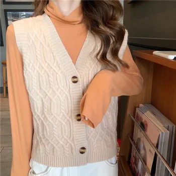 

Autumn Sleeveless Women's Knitted Vest Single Breasted V Neck Women Twist Sweater Waistcoat 2020 Girls Fashion Sweet Cardigan