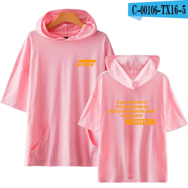 pink KPOP ATEEZ футболки с капюшоном для мужчин и женщин, новая стильная уличная одежда, летние футболки с коротким рукавом, толстовки, футболка, Harajuku футболка - Цвет: pink