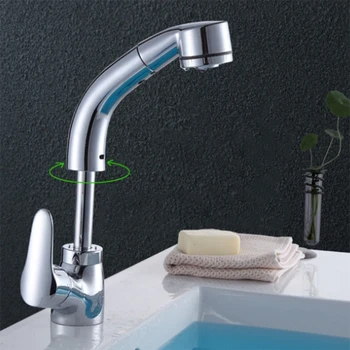 

Pull Out Bathroom Sink Faucet Hot and Cold Water Mixer Crane Lift Up and Down Chrome Finished 360 Degree Water Mixer Tap