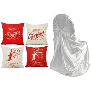 

1x Universal Self Tie Chair Cover White 110X140cm & 4x Merry Christmas Linen Square Decorative Throw Pillow Case