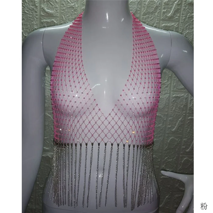 Блестящая СТРАЗА в сеточку Camis Женская Глубокий v-образный Вырез Холтер топик без спинки Camis Летняя мода сексуальное платье для вечеринки кисточка Camisole - Цвет: Розовый