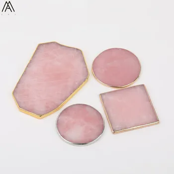 

3PCS Plated Gold Edges Natural Pink Quartz Round Square Coaster Teacup Mat Desktop Hot Drink Crystal Stone Tray CX-14AMBH