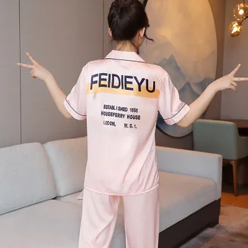 

New ladies ice silk summer short-sleeved trousers lapel cardigan home pajamas set / letter pattern ladies sleepwear 2 piece set