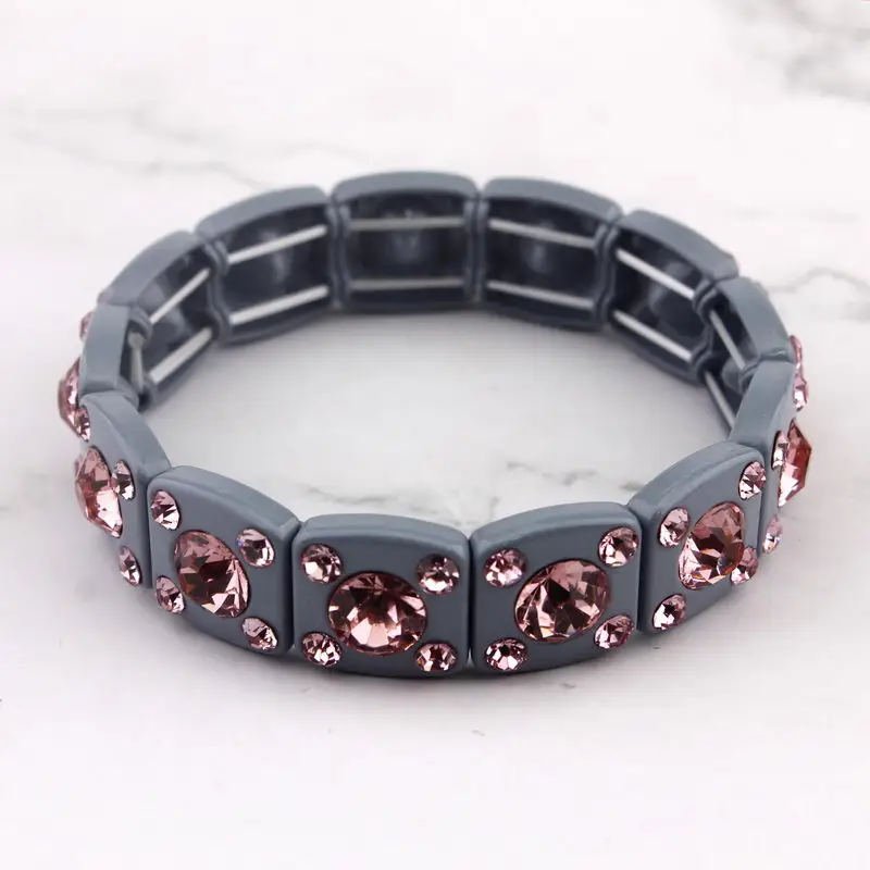 ZWPON Faceted Glass Crystal Square Tile Bead Bangles Bracelets for Women Fashion Multicolor Painted Elastic Bracelets Wholesale