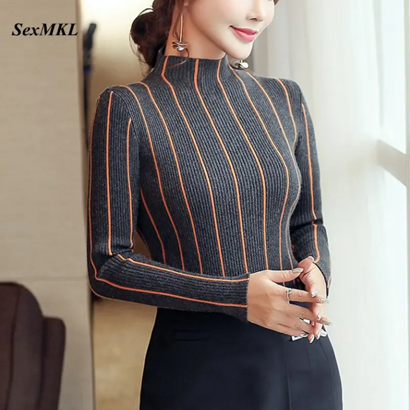 Tanie SEXMKL Striped pulower z golfem kobiet 2019 zima gruby sweter czerwony koreański panie biuro sweter z dzianiny czarny top Pull Femme