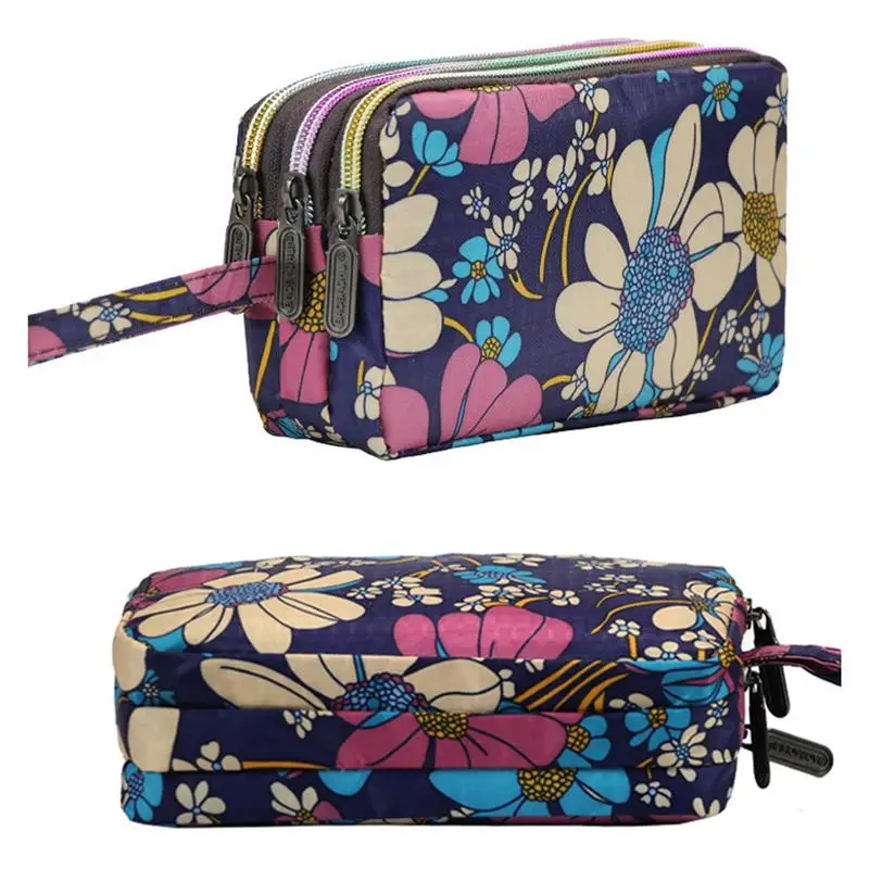 Women's Vintage Print Floral Canvas Zipper Wallet 3-Layer Long Clutch Purse with Wrist Strap Fits 6'' Cell Phone
