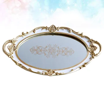 

Oval Storage Tray Resin Mirror Surface Tray Accessories Tray Jewelry Holder Storage Tray for Home (White Printing Flower)