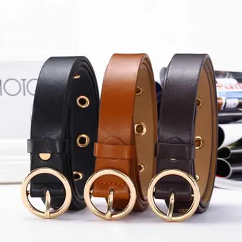 

Fashion Women Solid Color Round Metal Buckle Faux Leather Belt Jeans Waistband