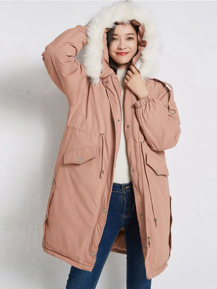 

With Fur Collar Thick Cotton-padded Clothes Women's Mid-length 2019 New Style Winter Cotton Coat Korean-style Loose-Fit Lace-up
