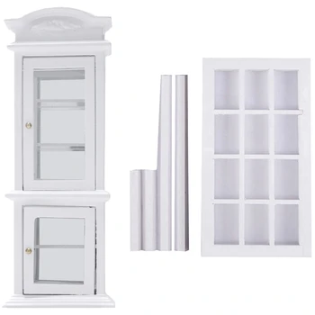 

1:12 Scale Wooden 12 Field Window Frame White & 1:12 Mini Doll House White Transparent Window Cupboard Display Cabinet