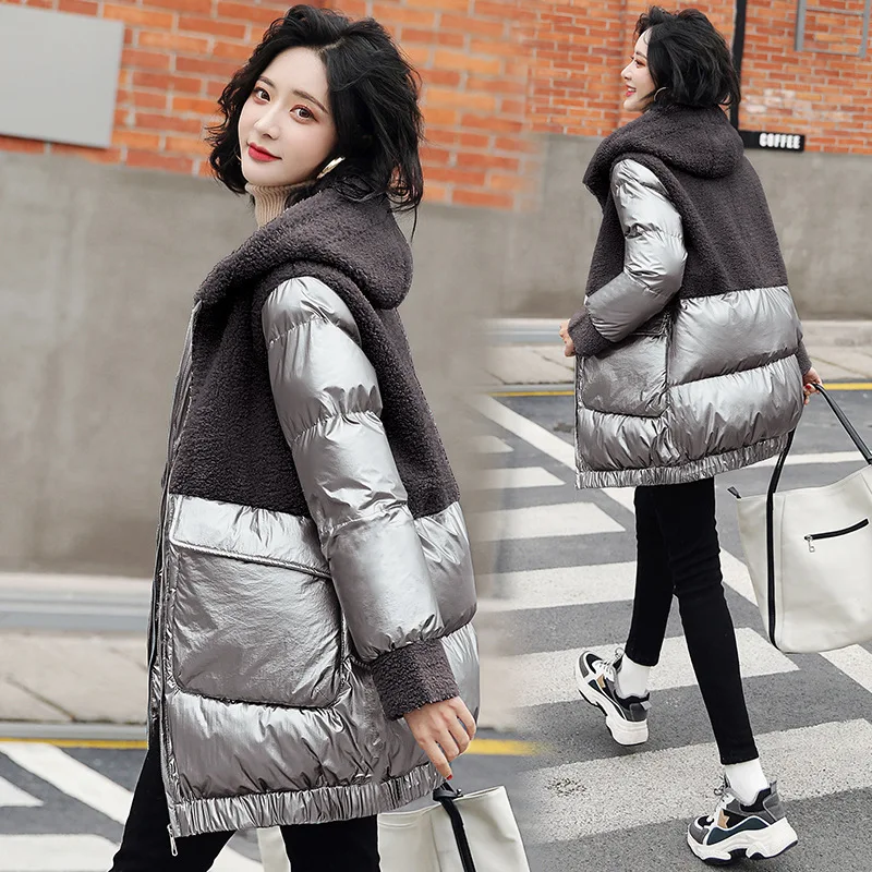 

Laziness-Style Cotton Coat Women's Mid-length 2019 New Style Bright Surface down Feather Cotton-padded Clothes Lambs Wool Joint