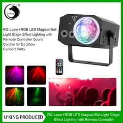 Projecteur de scène Laser RG + RGB LED avec télécommande, boule Disco, commande vocale, DJ, lampe de fête d'anniversaire et de mariage 