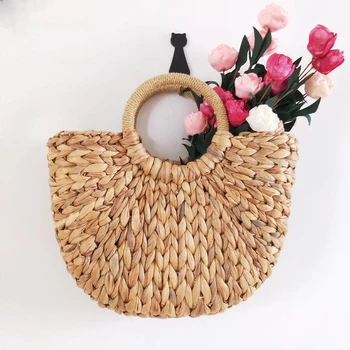 

2020 New Straw Bag Women Hand-Woven Hollow Handbag Moon Shape Rattan Bag Big Capacity Handbag Casual Travel Beach Bag