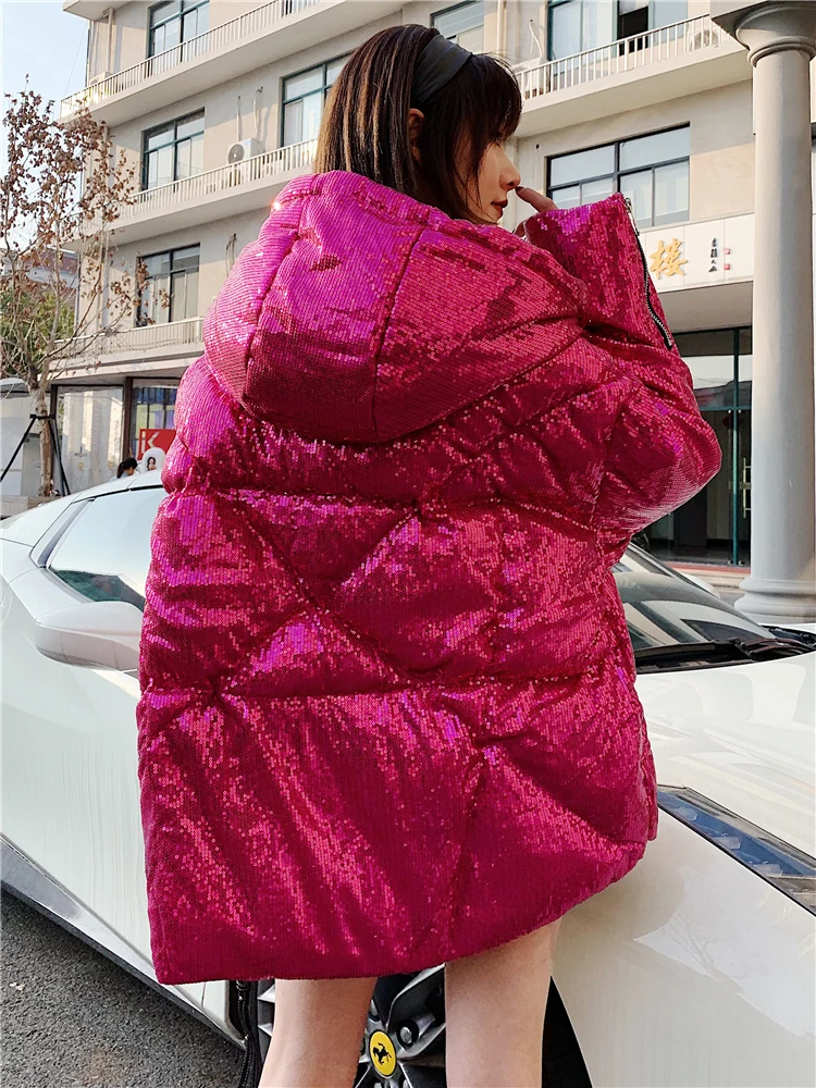 Модная зимняя куртка розового цвета с голограммой и блестками для девочек пальто с капюшоном с блестящими блестками