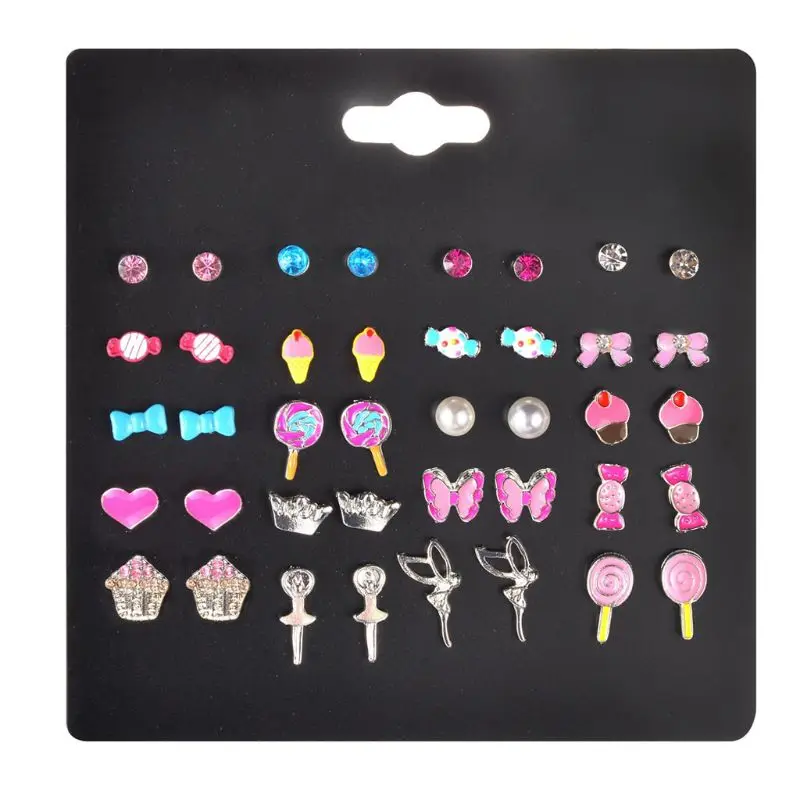 

20 Pairs Kids Stud Earrings Set Mixed Color Cute Animal Heart Pearl CZ Studs Kit
