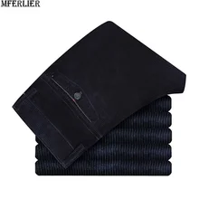 Зимняя мужская деловая вельветовый костюм Штаны полосатый деловые брюки Простая Офисная высокого качества с эластичной резинкой на талии, брюки темно-синие брюки свободные большие размеры 40