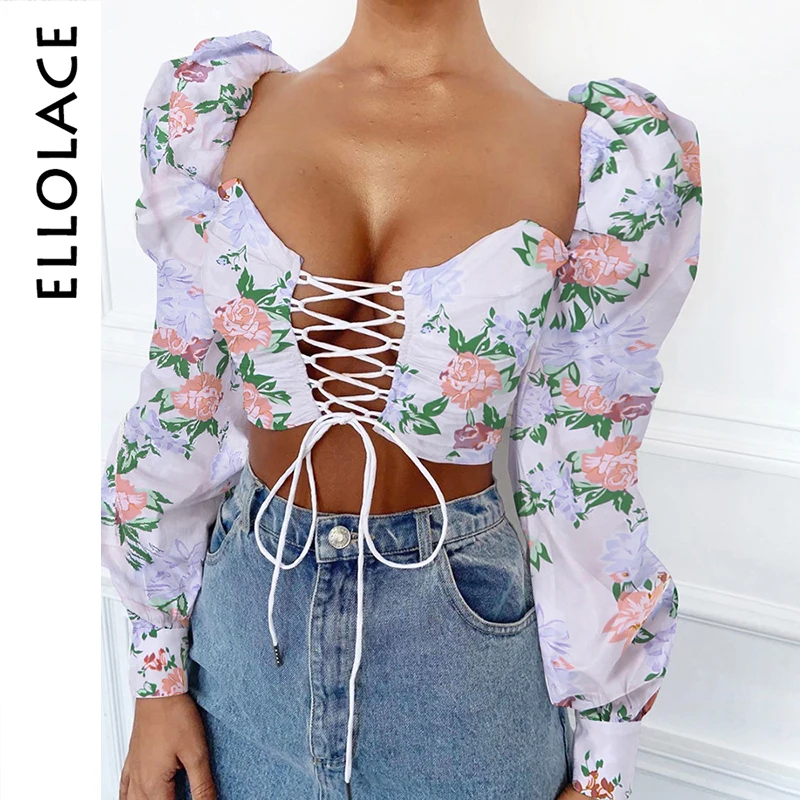 

Ellolace Sexy Lace Up Hollow Out Crop Tops Blouse Flower Print Long Sleeve T Shirt Autumn Bandage 2019 Fashion Tee Femme Tops