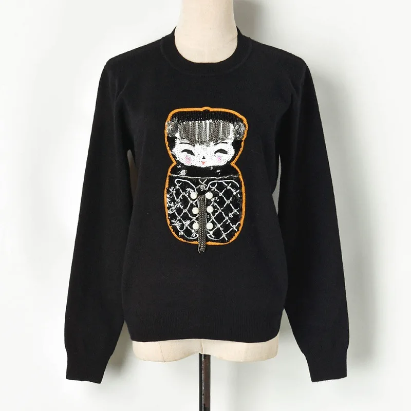 

High Quality Women's Sweaters Sweet Cartoon Moppet Luxury Beading Tassel Knitted Pullovers Autumn Spring Feminine Tops Jumpers