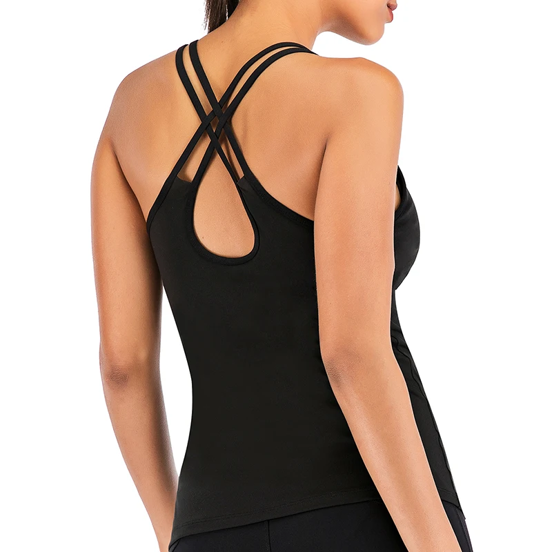 black LEOQ Sexy Hollow Backless Solid Gym Crop Tops Women Yoga Vest Sports Workout Profession Padded Cross Fitness Athletic Shirts - Цвет: black