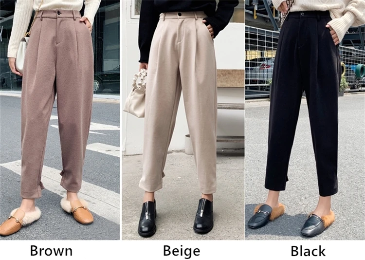 Colorfaith, Осень-зима, женские штаны с высокой талией, широкие, повседневные, с карманами, плюс размер, свободные, шерстяные, теплые, банановые брюки P7729