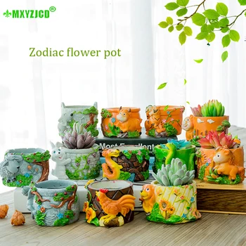 

12 Zodiac Cartoon Flower Pot Painted Animal Sculpture Potted Desktop Resin Flower Arrangement Birthday Gift Home Decoration