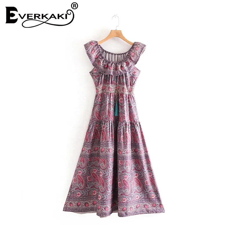 Everkaki Boho печати с открытыми плечами женское Макси платье с кисточками регулируемый пояс оборки цыганские летние платья женские осень - Цвет: Purple