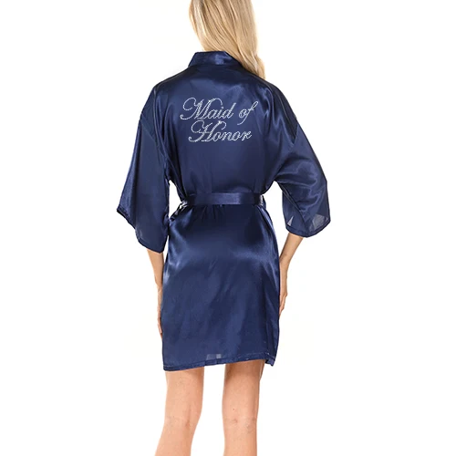 navy w maid honor C&Fung, атласное кимоно, стразы, платье подружки невесты, Женский Атласный халат, Короткое Кимоно, свадебное платье для вечеринки - Цвет: navy w maid honor