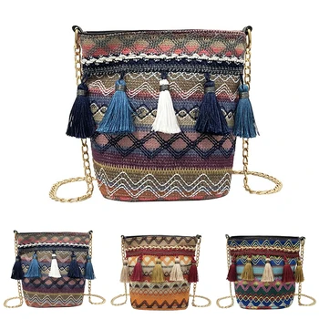 

2019 New Fashion Summer Travel Beach Women Shoulder Bags Purse Ethnic Style Tassel Decor Chain Crossbody Bag Dropshipping