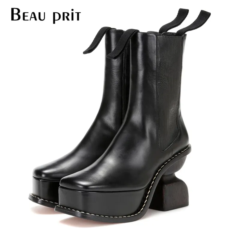 Platform Leather Boots Women Strange High Heels Shoes Square Toe Thick Bottom Ankle Boots For Women Short Booties