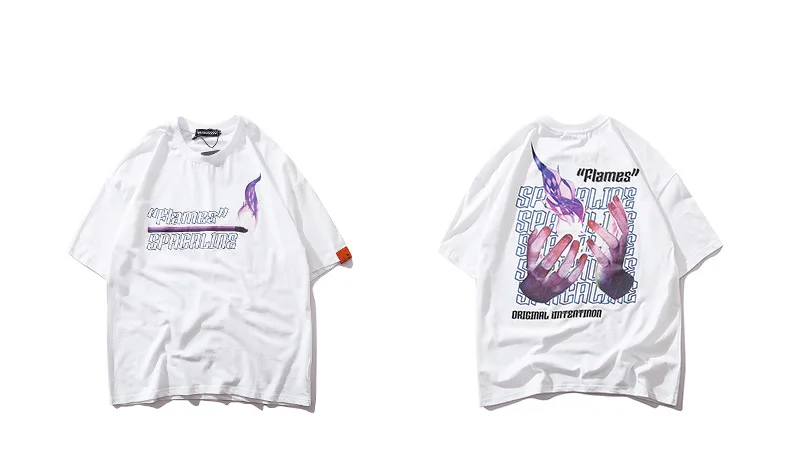 Футболка Harajuku coton manches courtes hauts скейтборд Hommes хип-хоп Футболка уличная одежда allumette feu flamme
