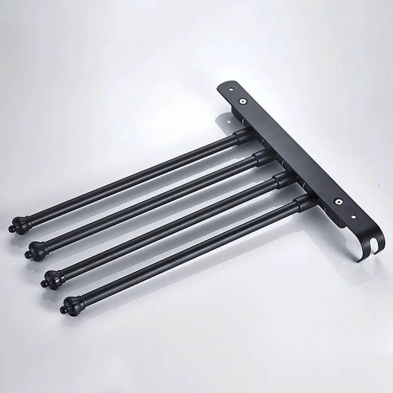 Stainless Steel Bathroom Swivel Towel Bar Hanger 4 Arm Swing Towel Rack With Hook Wall-Mounted Bathroom Storage Rack