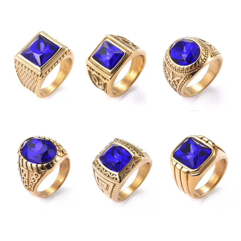 Retro Gold Ring Class Medieval Style Punk Men's Rings Square blue Stone ...