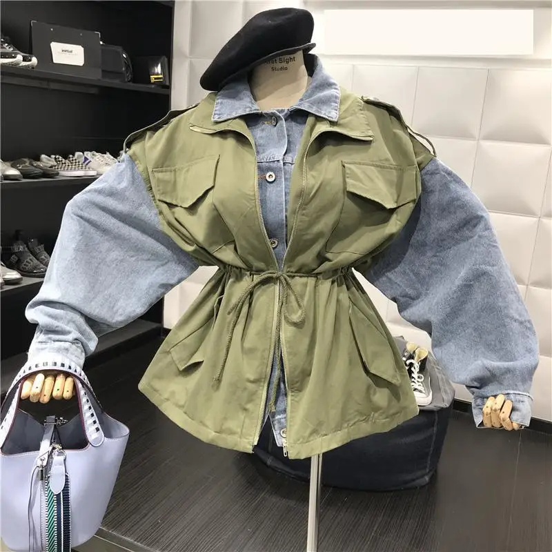 

Z-ZOUX Women Trench Coat Long Sleeve Denim Spliced Fake Two Women Windbreaker Lace Up Women Coats Loose Long Trench Autumn 2019