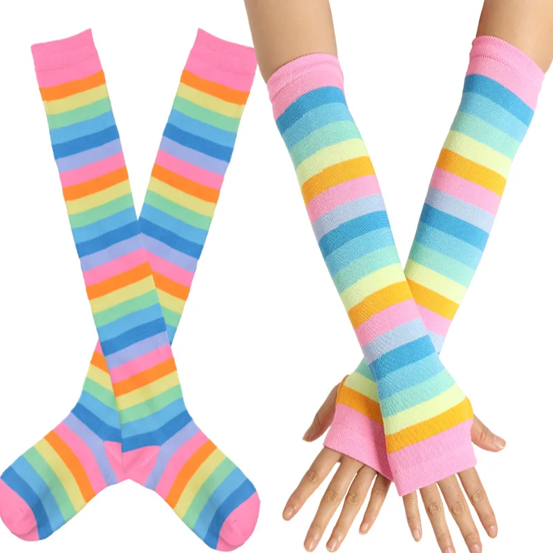 New Colorful Rainbow Stockings Cute Thigh Knee Socks Dance Socks Striped Arm Warmer Gloves Christmas Gifts Women Cosplay Costume