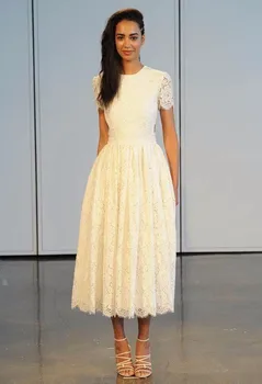 

2015 White Lace Short Wedding Dresses A line Short Sleeves Crew Elegant Backless Bridal Gown Tea Length Wedding Party Dresses