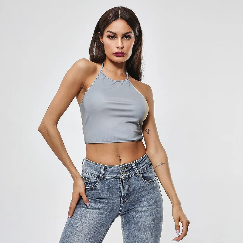 Chicology светоотражающий Холтер harajuku crop camis Топ летние женские без рукавов сексуальные Клубные женские уличные вечерние шорты
