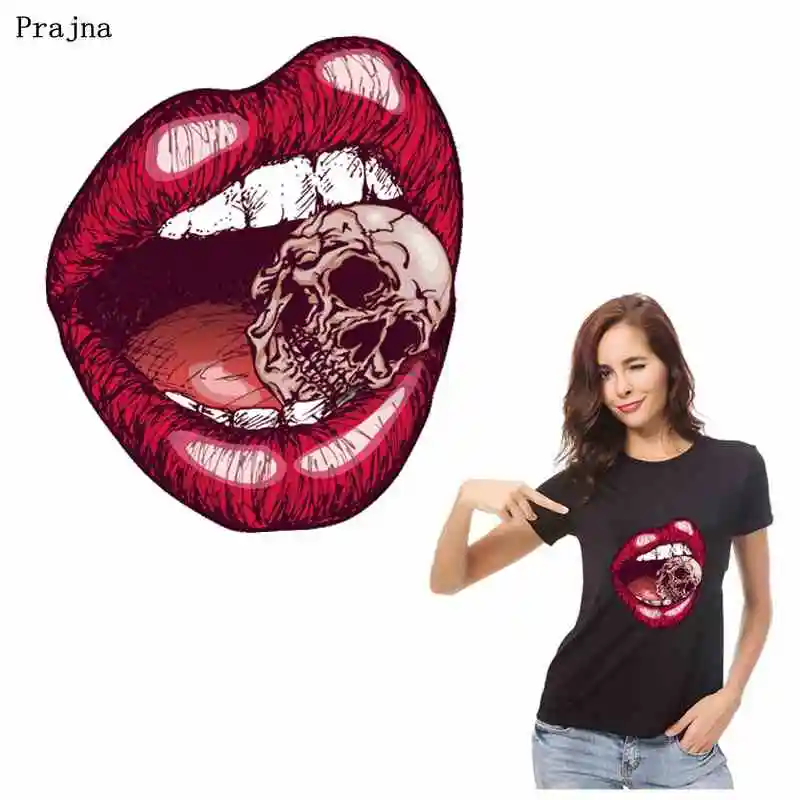 

Prajna Red Mouth With Skull Iron On Heat Transfers Hot Vinyl Thermal Ironing Stickers Punk Patches For Clothing DIY T-shirt Iron