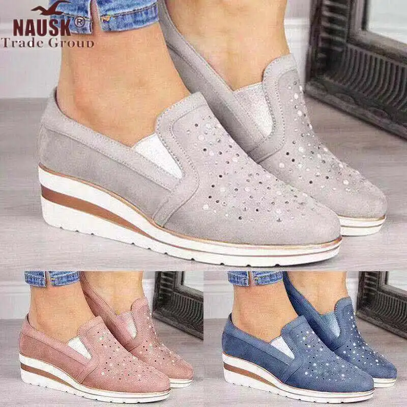 

2019 Fashion Women's Mesh Wedge Shoes Diamond Slip-on Cotton Casual Shoes for Woman Walking Sneakers Loafers Soft Shoes Zapato