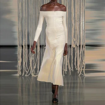 

Autumn Winter Long Sleeve Bandage Dress Sexy Slash Neck Knitted Vestidos Celebrity Evening Party Club Midi Dresses