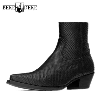 

Luxury Business Men Python Pattern Genuine Leather Chelsea Boots Biker Man Block Heels Pointed Toe Work Safety Shoes Ankle Boots