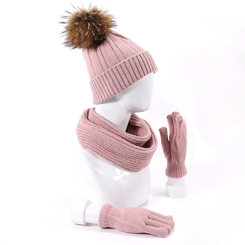 Модный вязаный шарф шапка и наборы с перчатками сплошной цвет настоящий помпон мех шапки зимние хлопковые толстые теплые уличные удобные Лыжные шапки - Цвет: E
