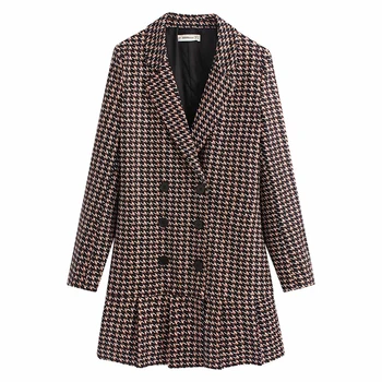 

Vintage 2020 Blazer Women Houndstooth Business Vestidos Office wear Double Breasted Hem Ruffles Casual Mini Blazers Dresses