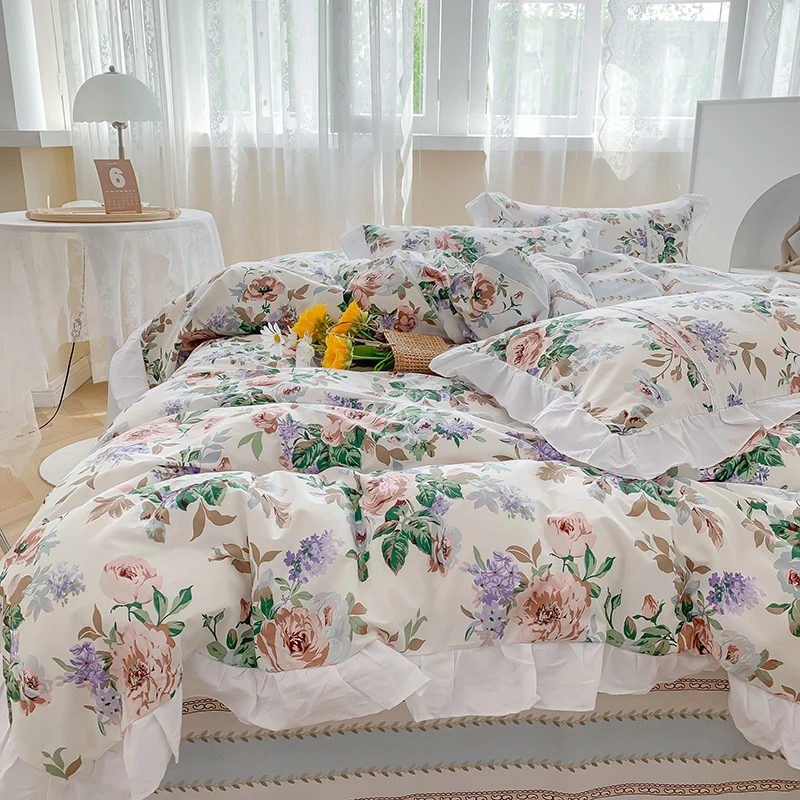 THAI Floral Duvet Cover Set With Pillow Cases & Fitted Sheet All Sizes 4PCS 