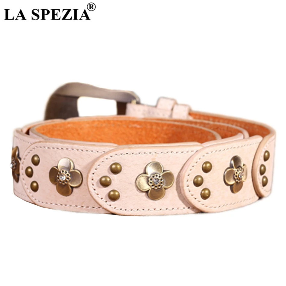 LA SPEZIA Belt Women Designer Pin Buckle Leather Belt With Rhinestones Female Beige Genuine Leather Pigskin Ladies Rivet Belts