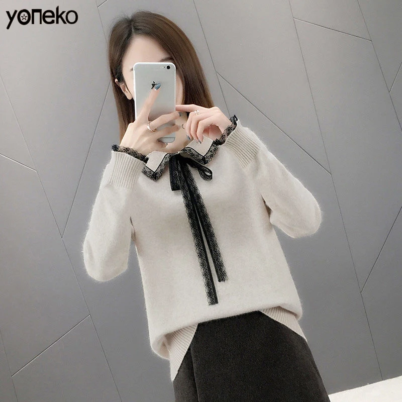 

Laides Sweet Solid Sweater Chic Lace Patchwork Knitting Pullovers Turn-dowm Collar Lace Up Knitted Sweater Ladies Causal Sweater