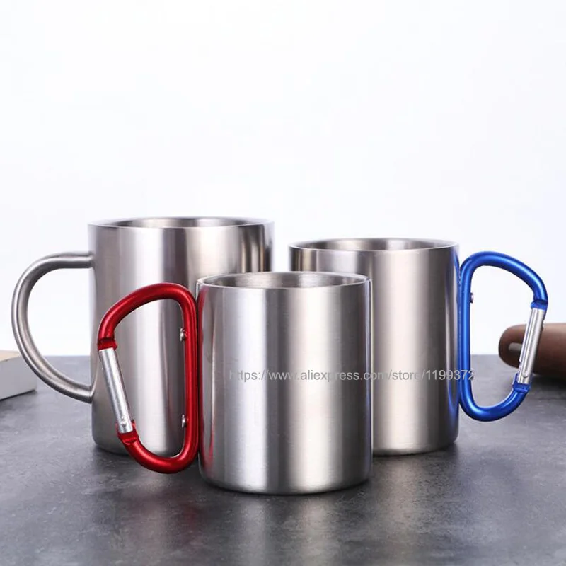 50 X Free Shipping Carabiner Handle Cup And Double Wall Stainless Steel Mug 220ml Camping Clip Hook | Дом и сад