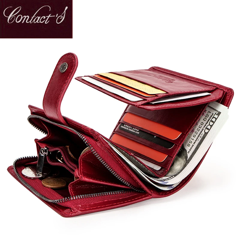 Contact'S billeteras de cuero genuino para hombre mujer, billetera pequeña corta con bloqueo RFID, tarjetero, monedero rojo|Carteras| - AliExpress